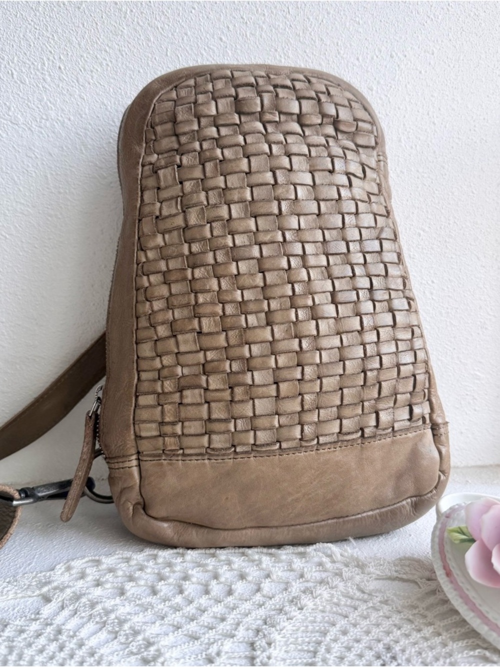 Woven Leather Crossbody Bag in Taupe